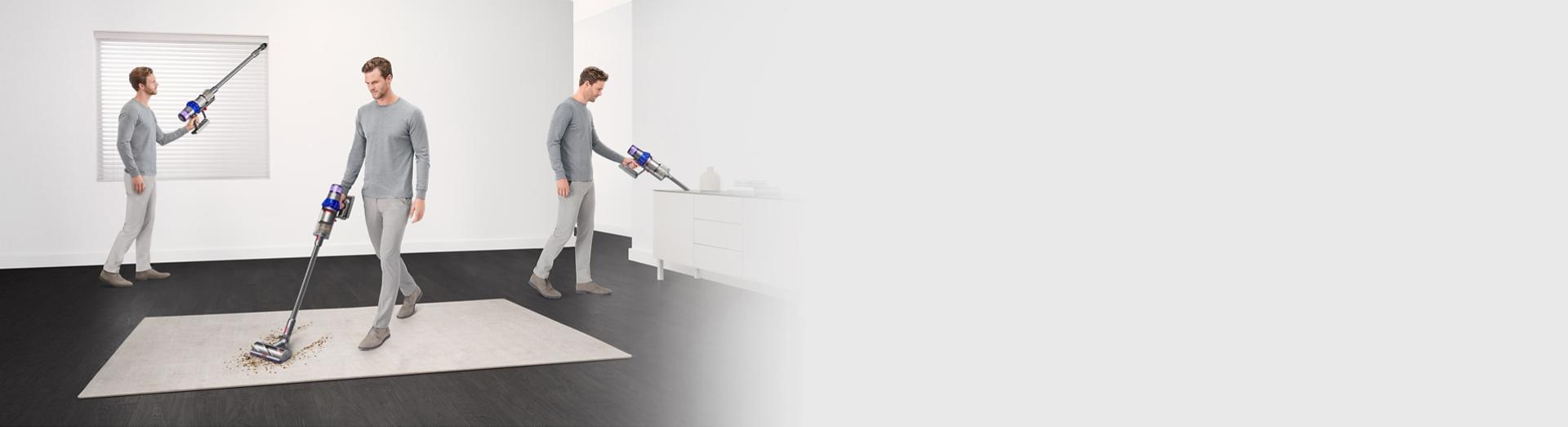سيدة تُنظّف أجزاءً مختلفةً من منزلها باستخدام مكنسة Dyson V15 Detect ورأس التنظيف المُضيء.