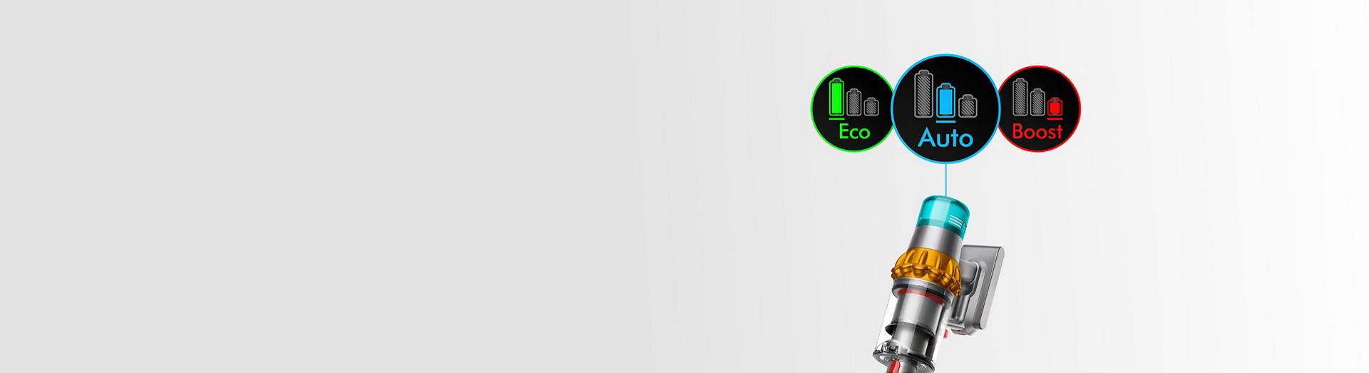 Close-up of the Dyson V15 Detect vacuum with three icons representing Eco, Auto and Boost modes.