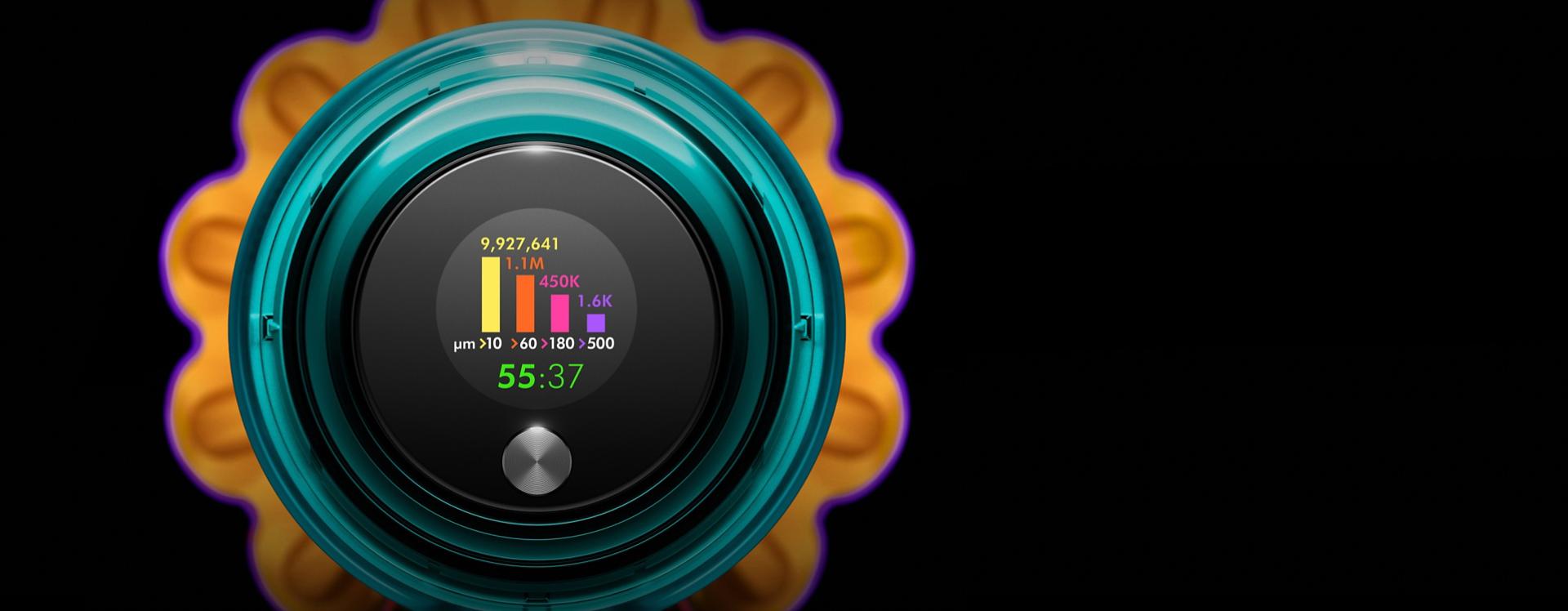 صورة مُقرَّبة لشاشة LCD بمكنسة Dyson V15 Detect.