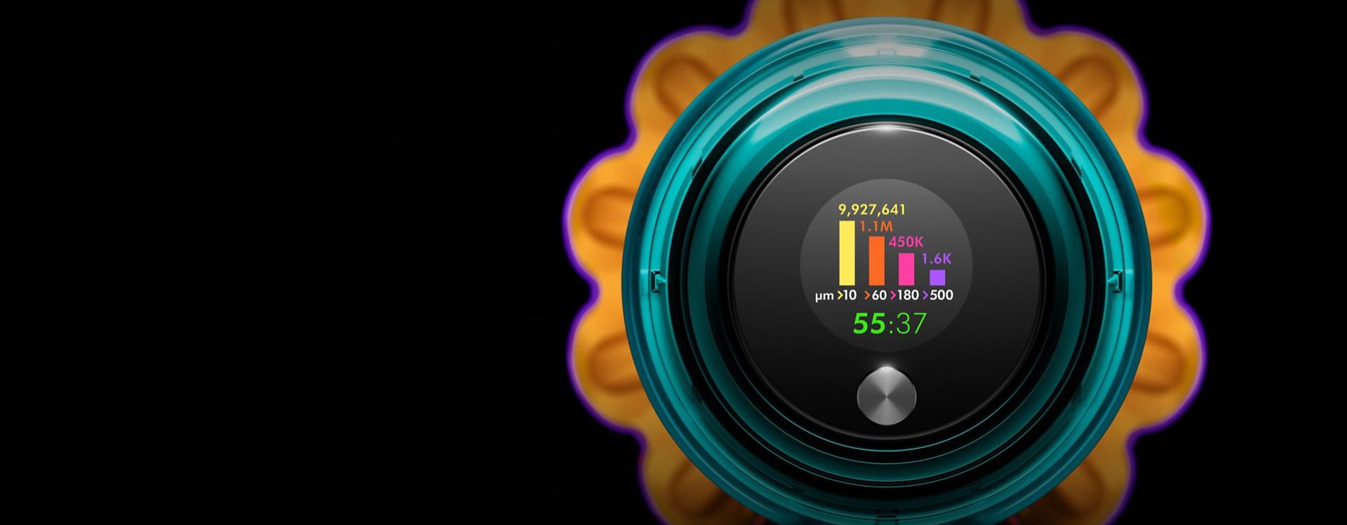 Close-up of the Dyson V15 Detect vacuum's LCD screen.