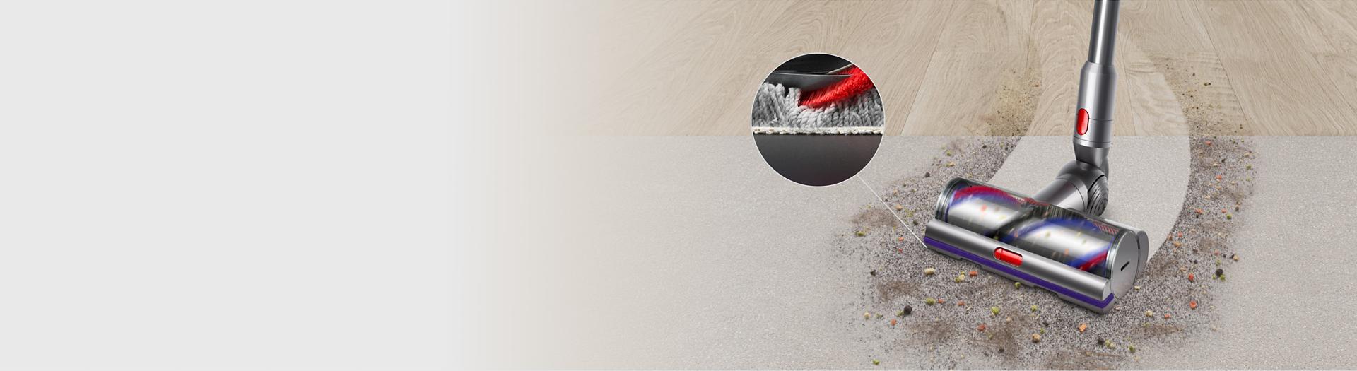 Front view of the Digital Motorbar cleaner head vacuuming hard floor and carpet, with a close-up of carpet bristles being cleaned.