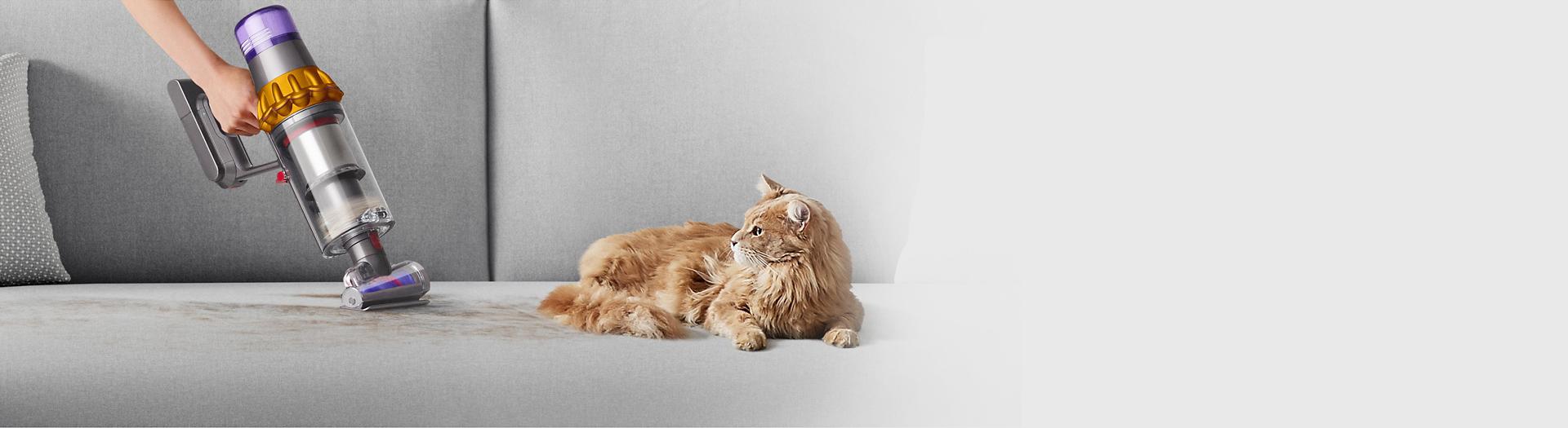 أداة لف الشعر من دايسون بينما تقوم بإزالة الشعر من الأقمشة.