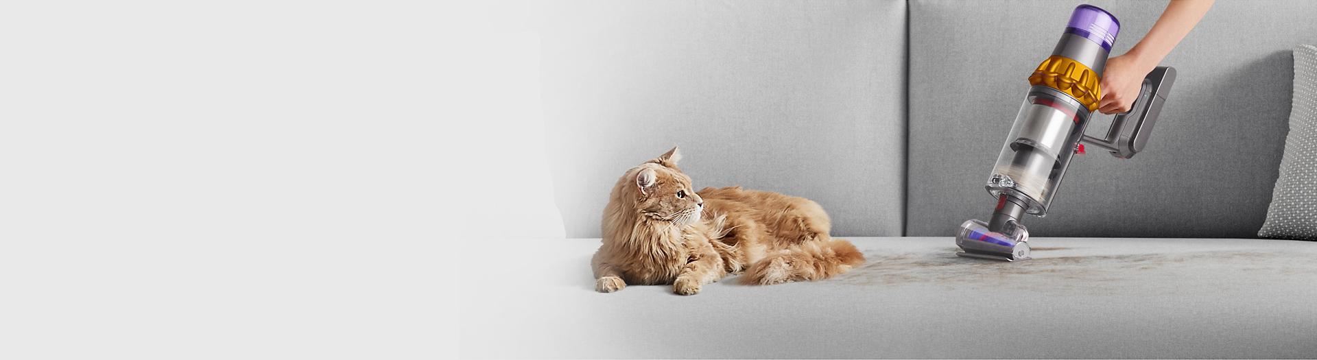 Dyson Hair screw tool removing hair from fabric.