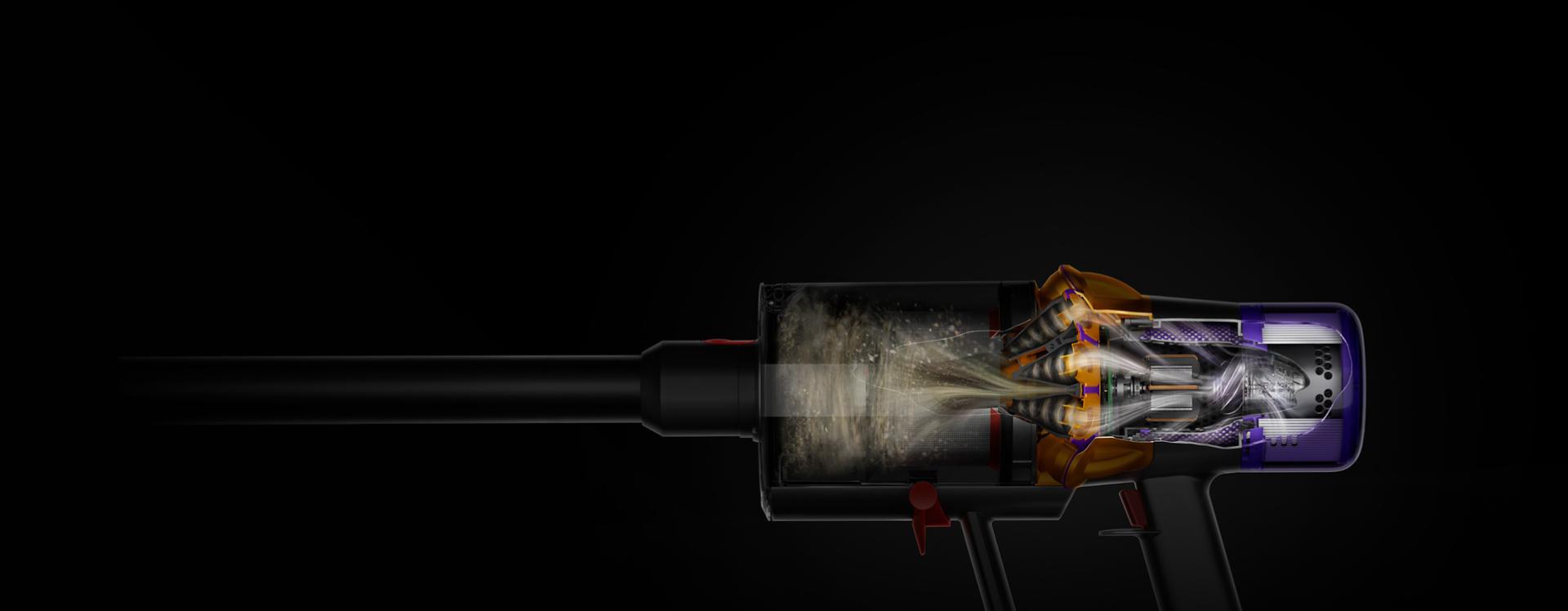 Cutaway of the Dyson V15 Detect vacuum showing the HEPA filtration system.