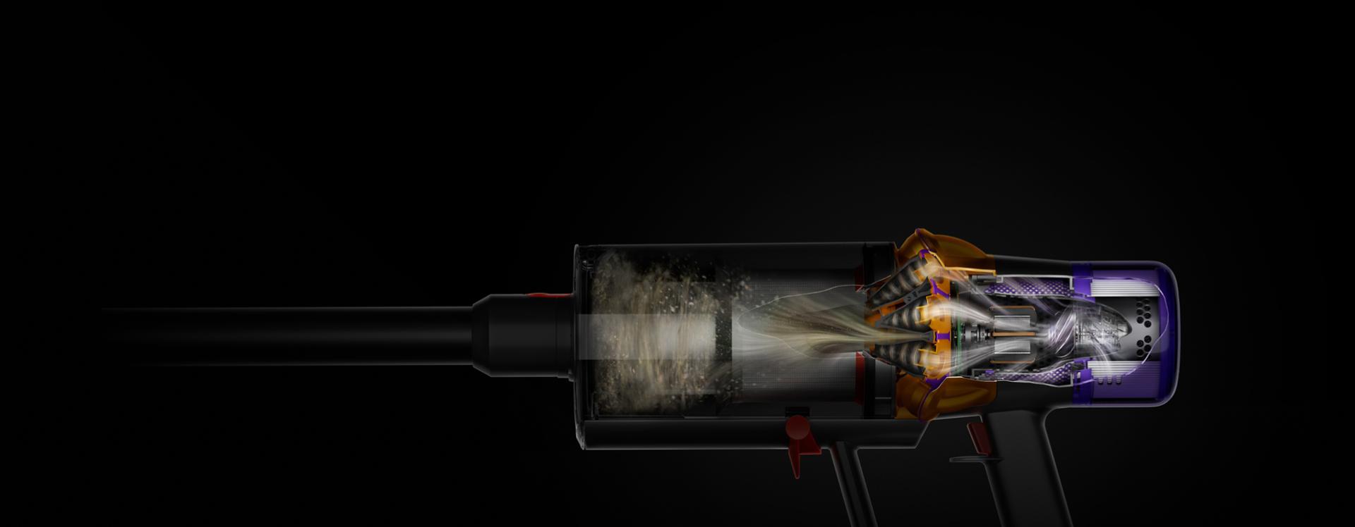 Cutaway of the Dyson V15 Detect vacuum showing the filtration system.