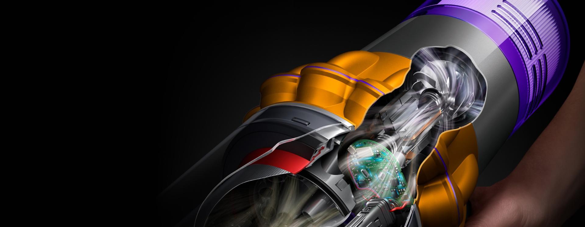 Cutaway of the Dyson V15 Detect vacuum showing the motor and airflow paths.