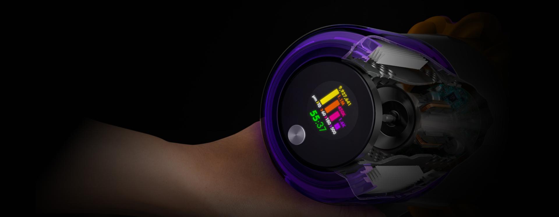 Close-up of the Dyson V15 Detect vacuum's LCD screen.