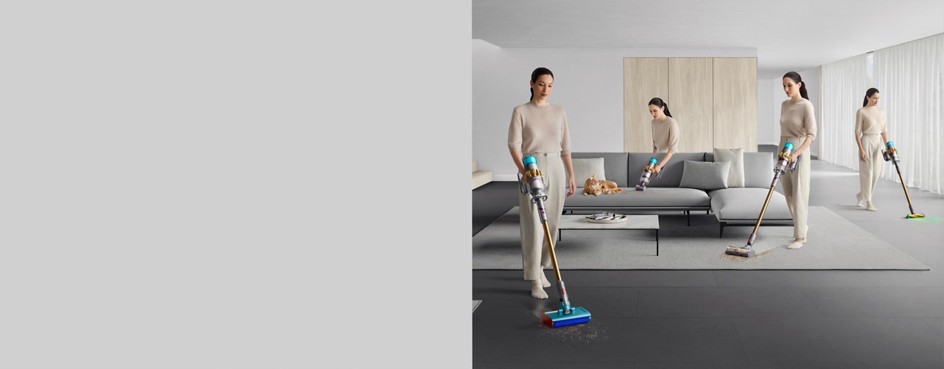 다이슨 V15s 디텍트 서브마린으로 집 안 전체를 청소하는 사람.