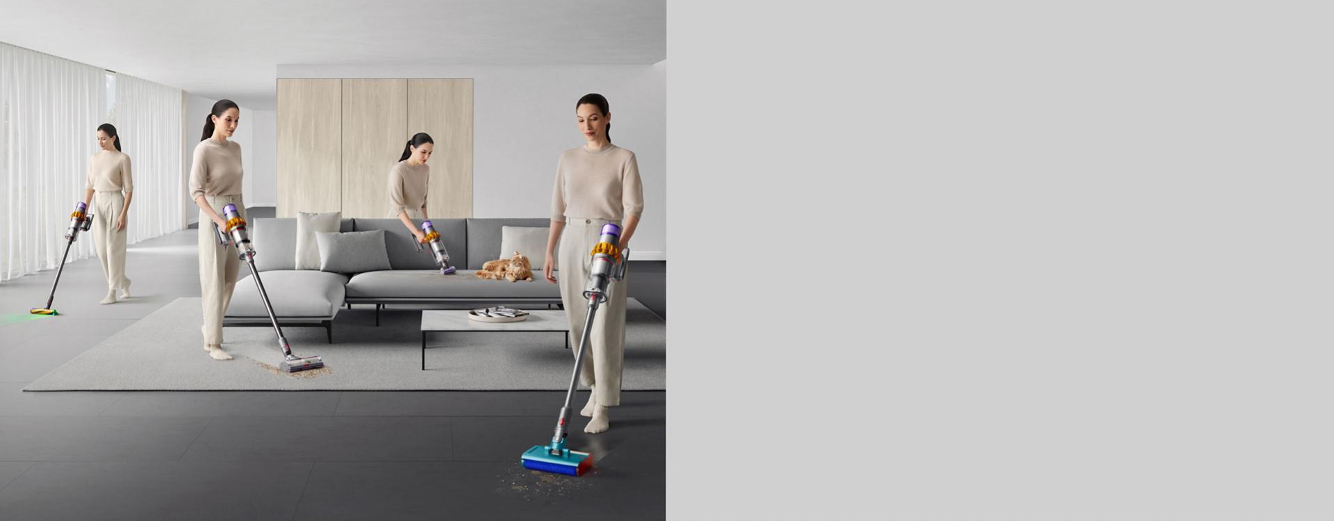 شخص يقوم بالتنظيف في أرجاء منزله بالكامل باستخدام مكنسة Dyson V15s Detect Submarine.