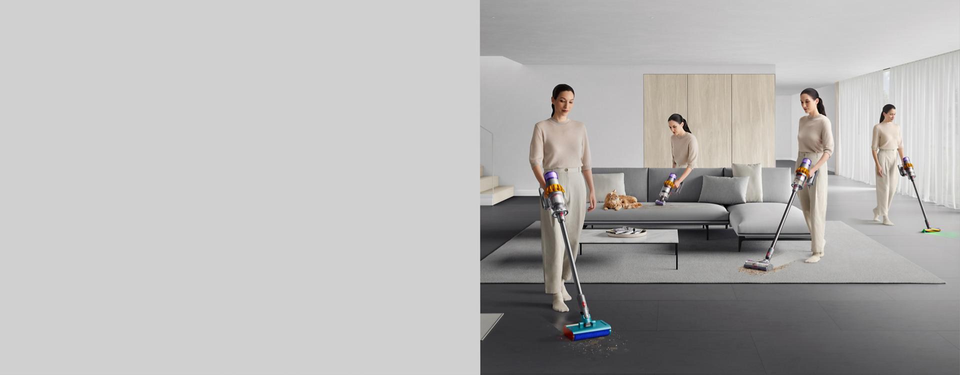 다이슨 V15s 디텍트 서브마린으로 집 안 전체를 청소하는 사람.