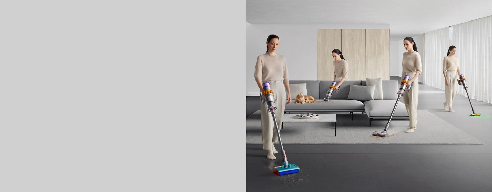A person cleans around their whole home using the Dyson V15s Detect Submarine.