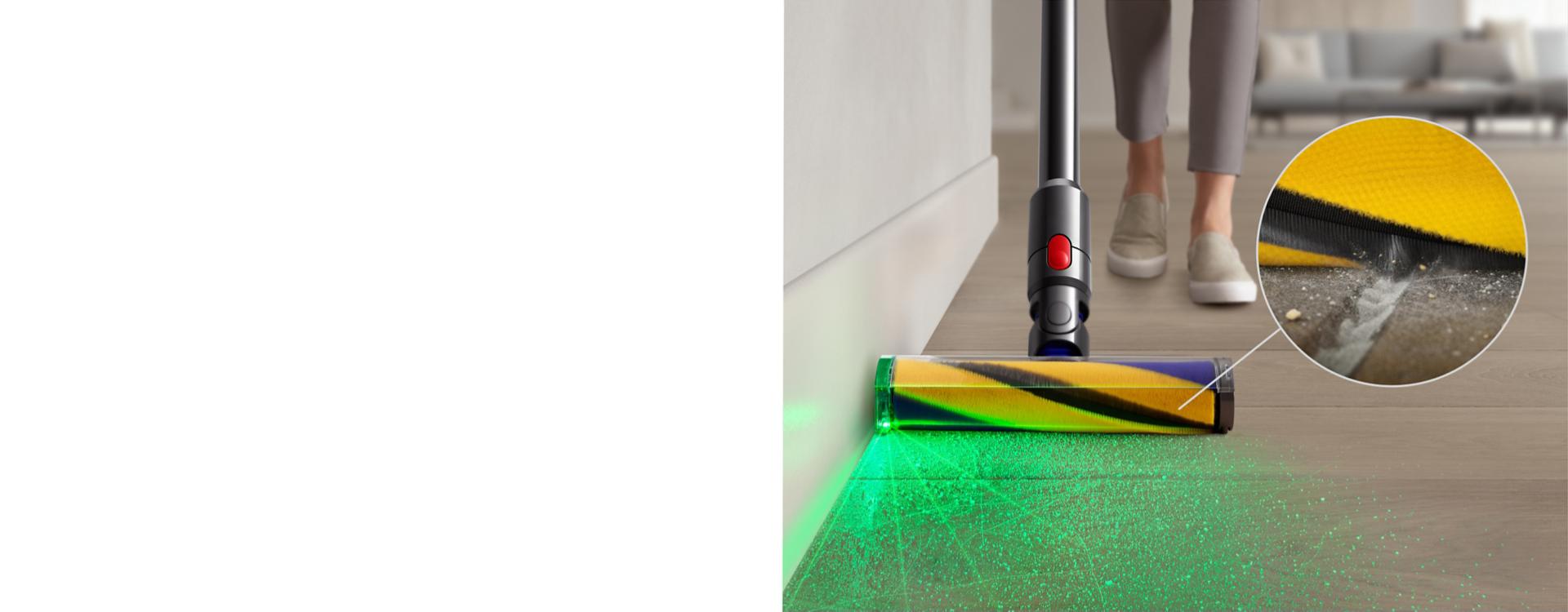 The Fluffy Optic cleaner head illuminates hidden dust on a hard floor.