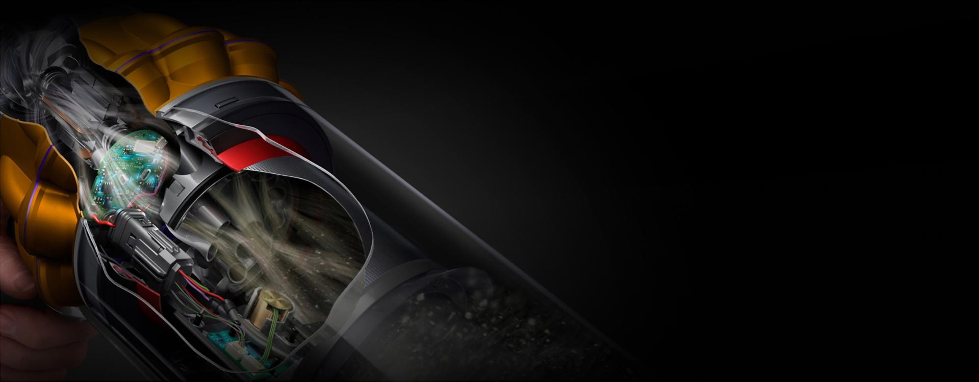 لقطة جانبية لمكنسة Dyson V15s Detect Submarine تعرض مستشعر بيزو.