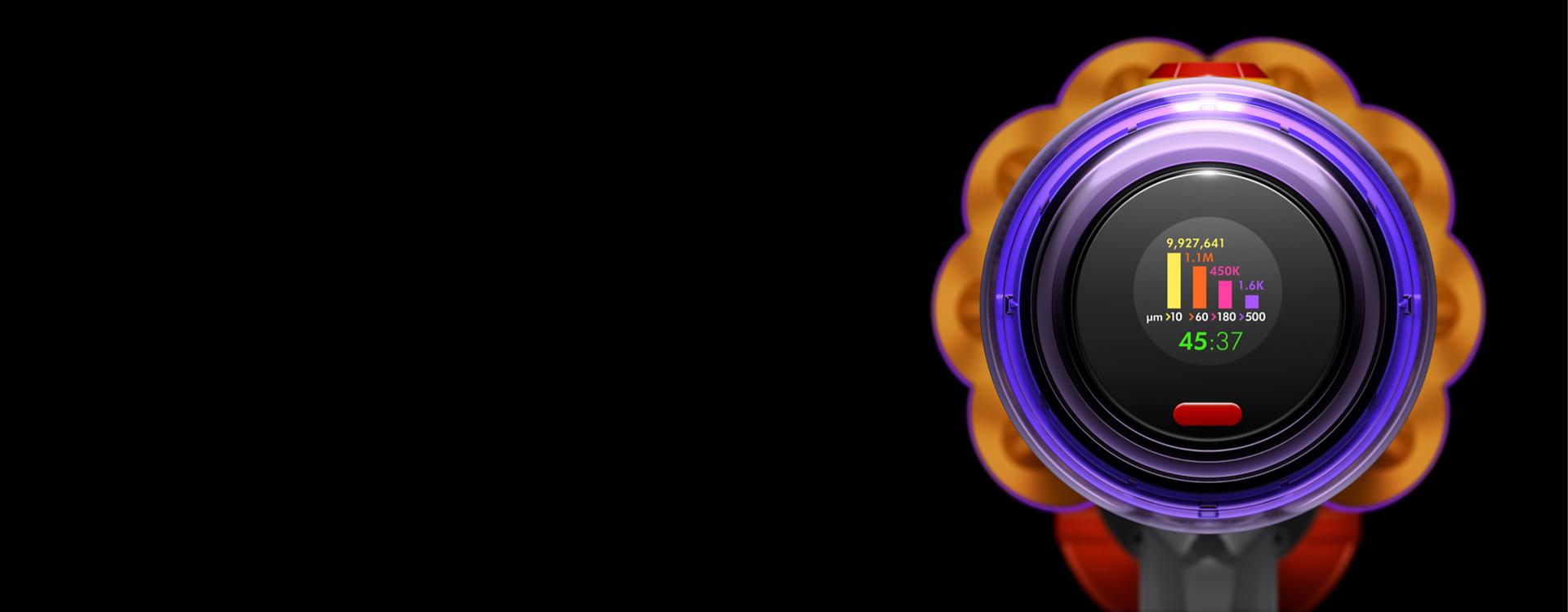 The Dyson V15s Detect Submarine wet and dry vacuum cleaner's LCD screen.