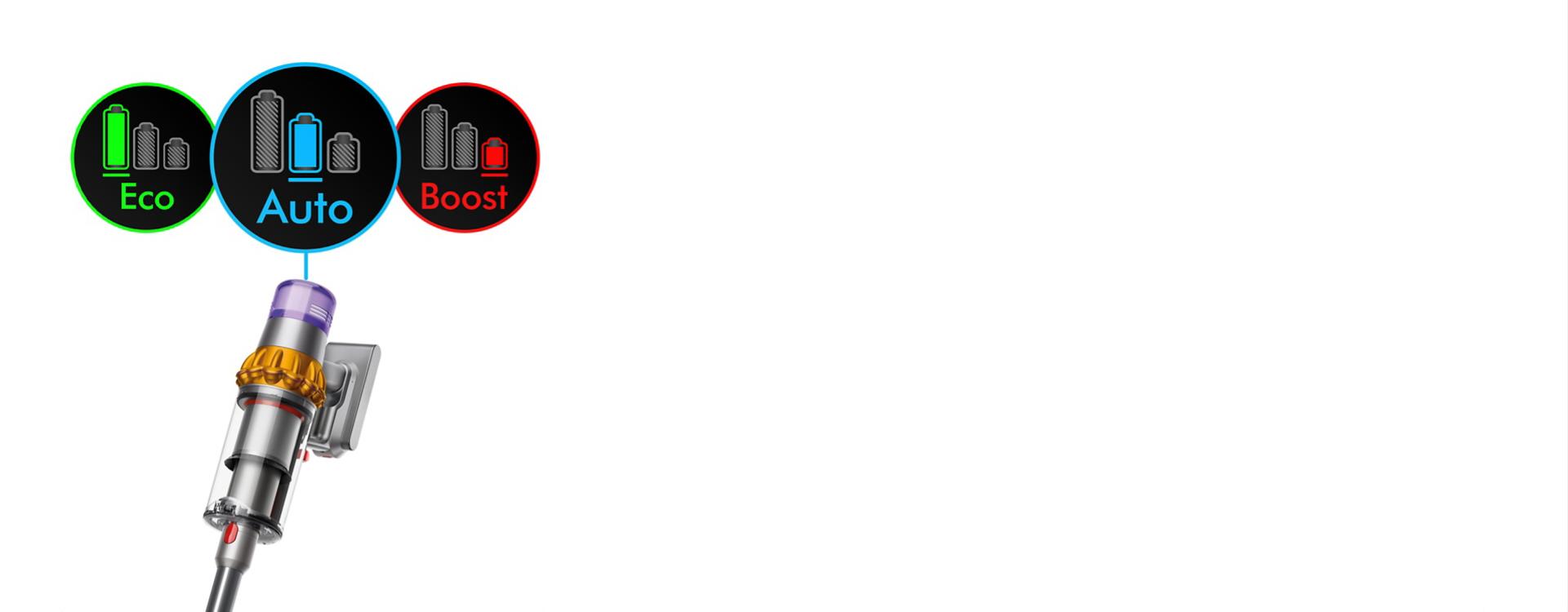 أوضاع الطاقة الثلاثة كما تظهر على شاشة LCD الخاصة بمكنسة Dyson V15s Detect Submarine.