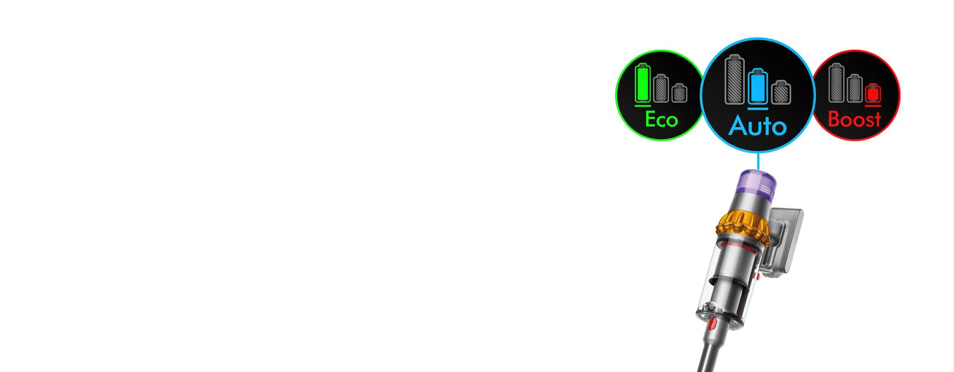 The three power modes as seen on the LCD screen of the Dyson V15s Detect Submarine.