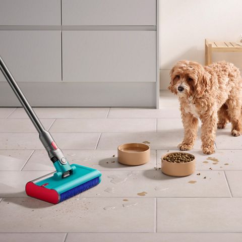 Der Dyson V15s Detect Submarine reinigt den Boden in einer Küche, mit einem Hund und Hundenäpfen im Hintergrund.