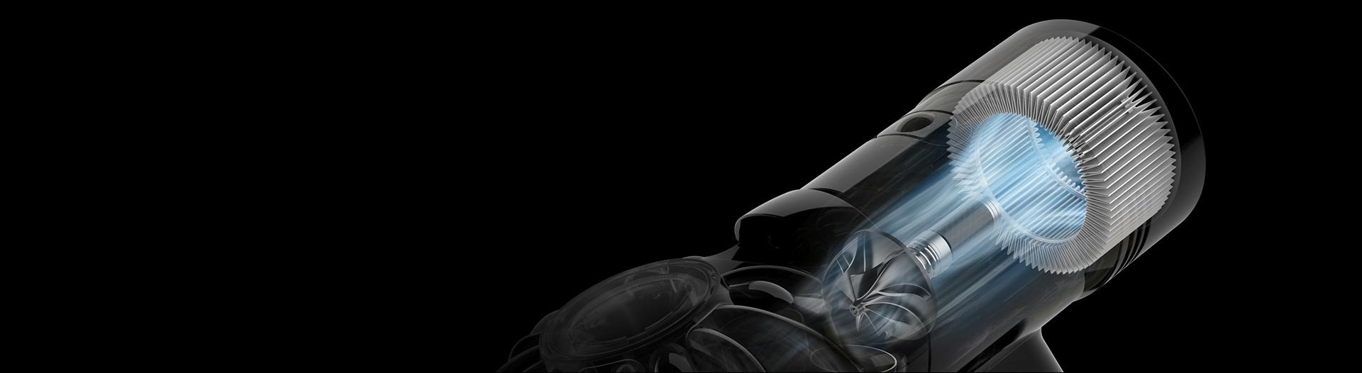 Close-up cutaway showing the motor inside the Dyson V8 vacuum.