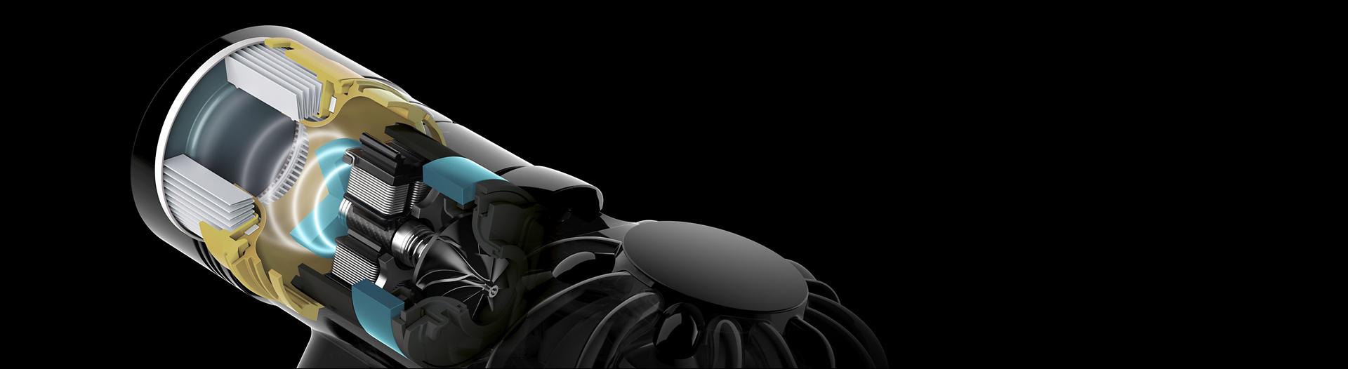 لقطة جانبية مُقرَّبة توضح التقنيات الهندسة لضبط الصوت داخل مكنسة Dyson V8.