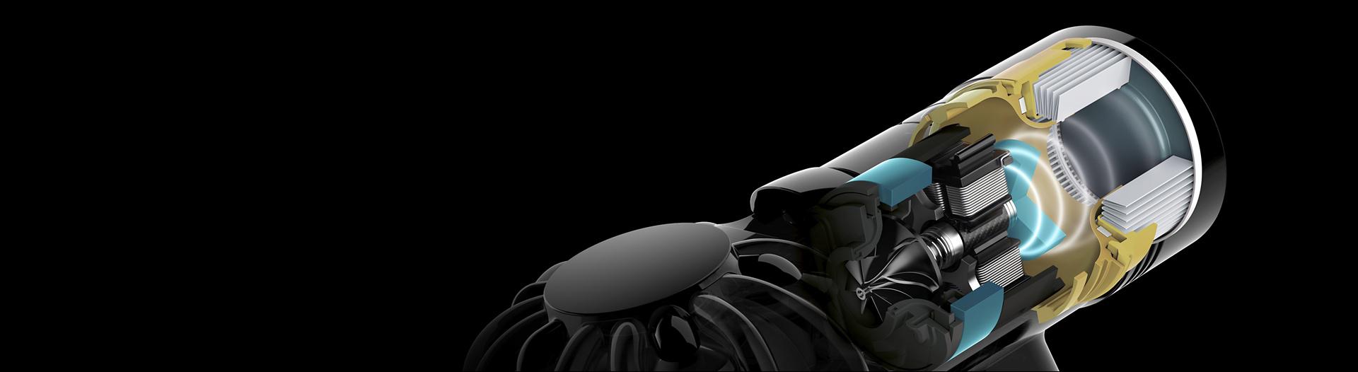 Close-up cutaway showing the acoustic engineering inside the Dyson V8 vacuum.