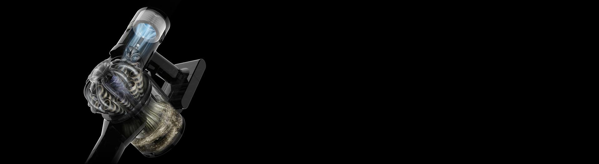 Close-up cutaway of the Dyson V8 Focus Clean handheld vacuum showing airflow paths.