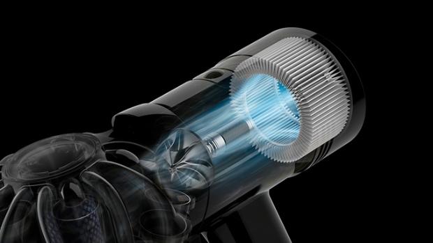 Close-up cutaway showing the motor inside the Dyson V8 vacuum.
