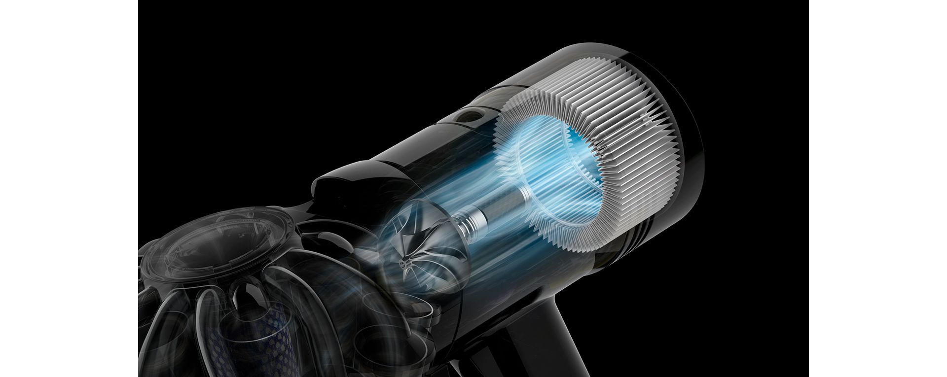 Close-up cutaway showing the motor inside the Dyson V8 vacuum.