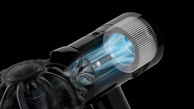 Close-up cutaway showing the motor inside the Dyson V8 vacuum.