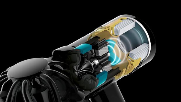 Close-up cutaway showing the acoustic engineering inside the Dyson V8 vacuum.