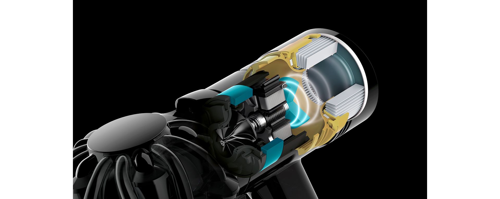 Close-up cutaway showing the acoustic engineering inside the Dyson V8 vacuum.