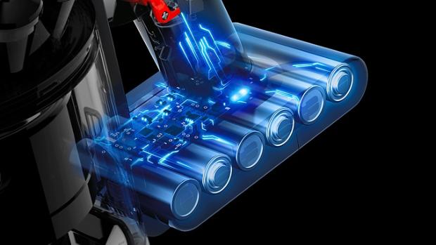 Close-up cutaway showing the battery inside the Dyson V8 vacuum.