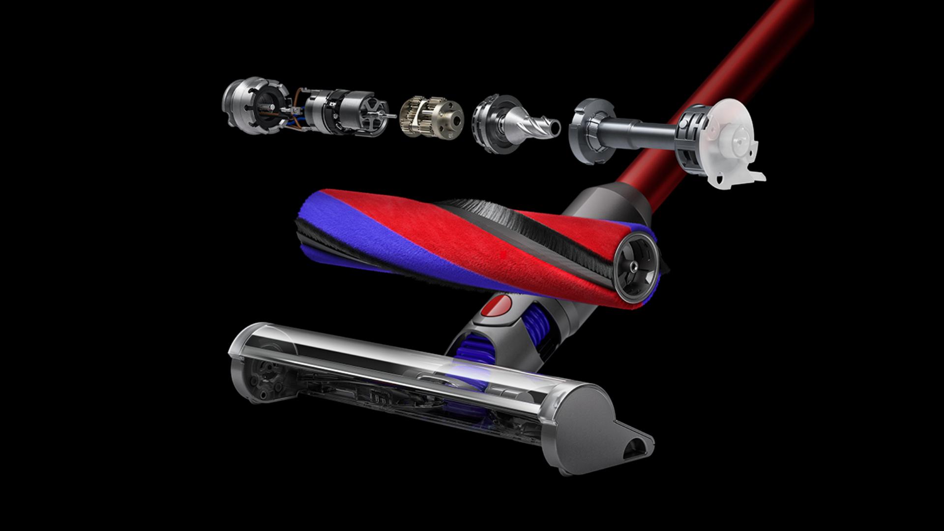 Exploding view of the Slim Fluffy cleaner head showing the motor, brush bar and cleaner head.