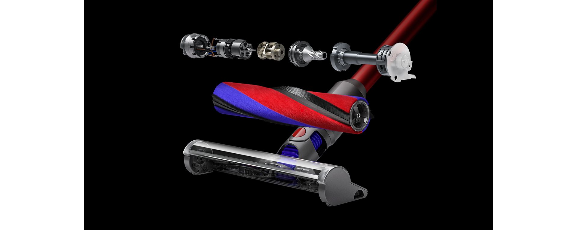 Exploding view of the Slim Fluffy cleaner head showing the motor, brush bar and cleaner head.