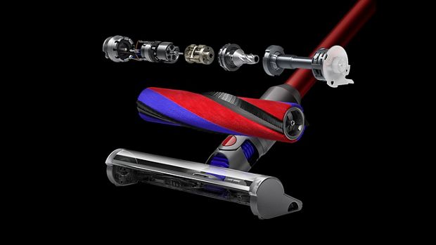 Exploding view of the Slim Fluffy cleaner head showing the motor, brush bar and cleaner head.