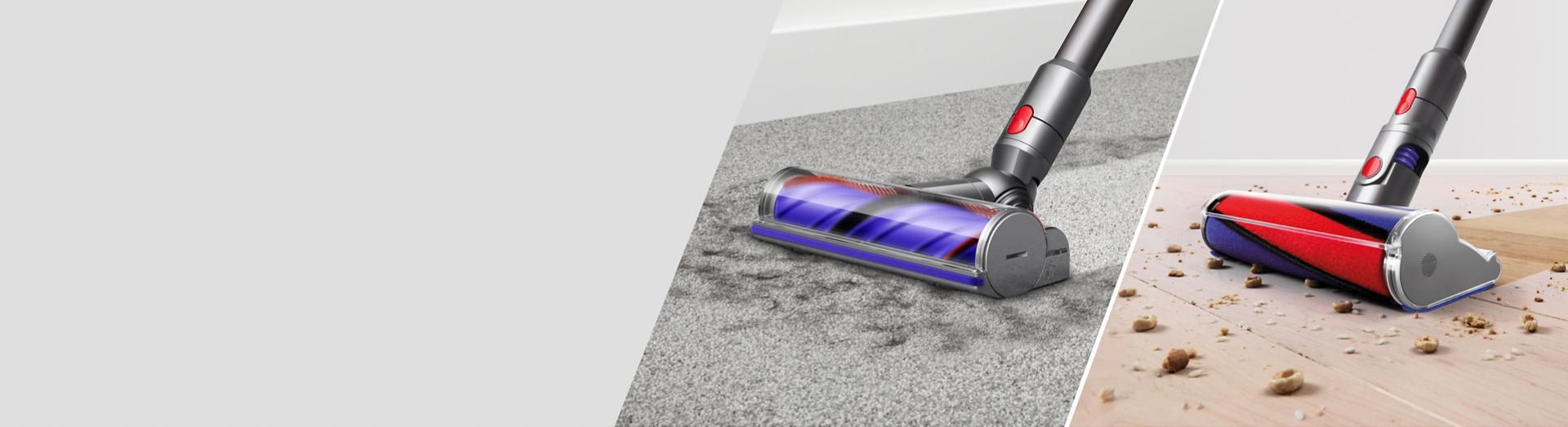 Low-angle close-ups of the Motorbar and the Fluffy cleaner heads.