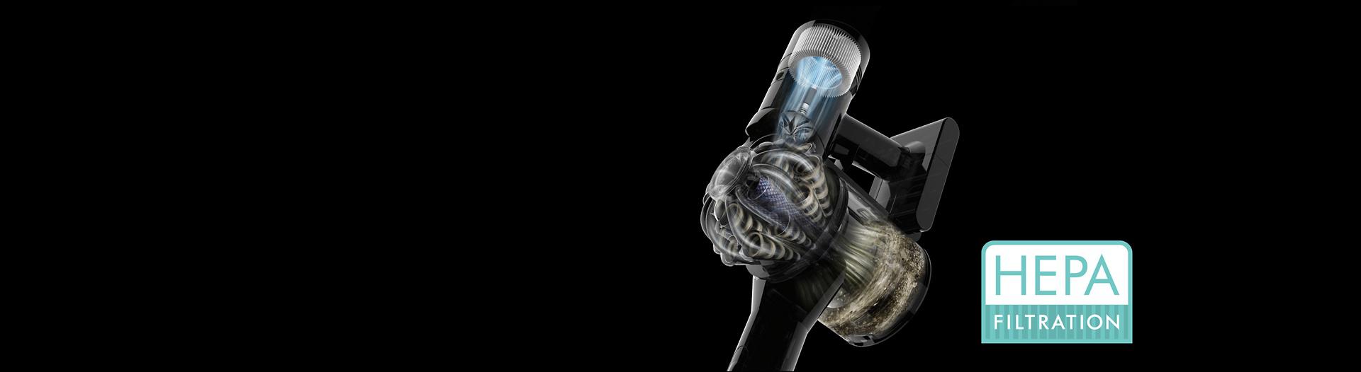 Close-up cutaway showing the filtration system inside the Dyson V8 vacuum.