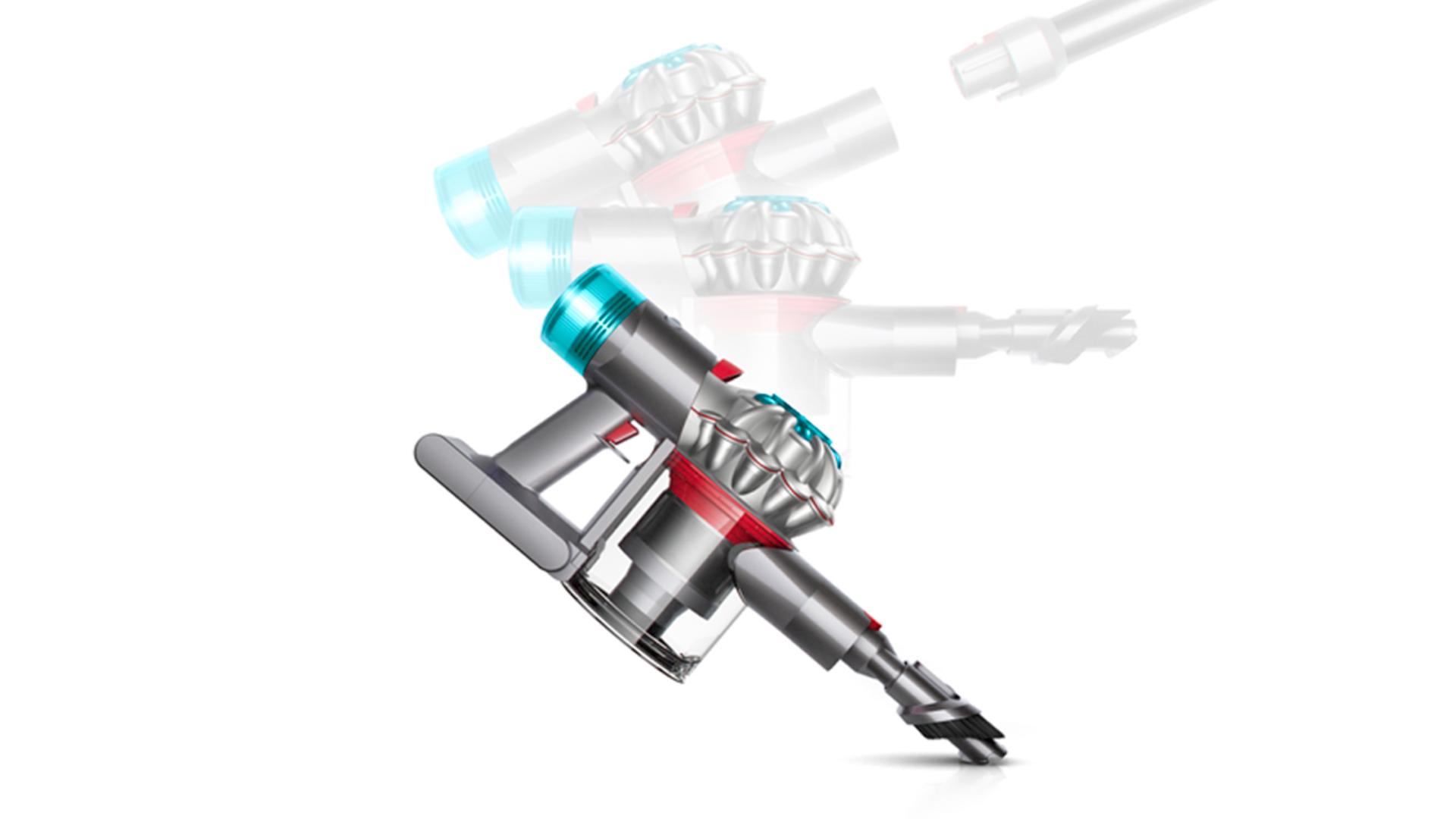 Side view of the body of the Dyson V8 vacuum cleaning up high and down low.