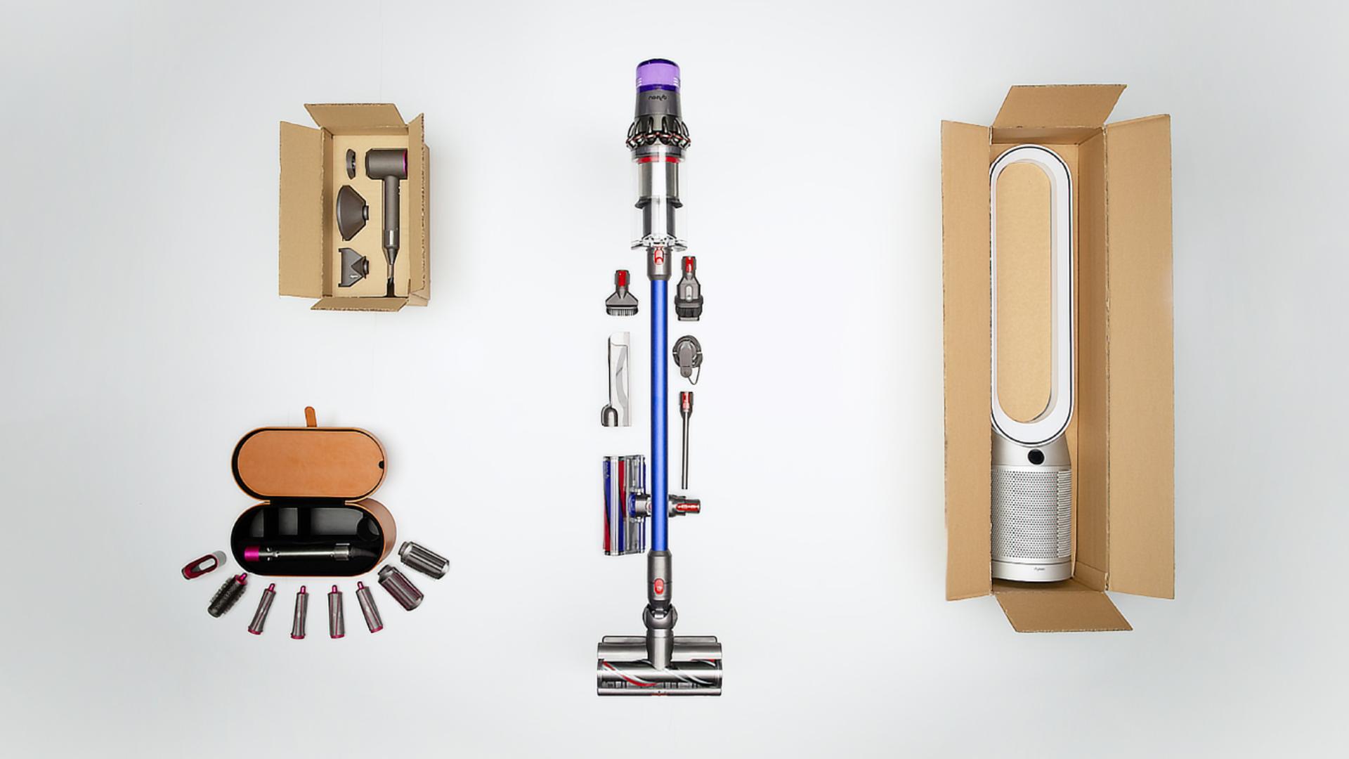 Refurbished Dyson machines with accessories and recyclable packaging.