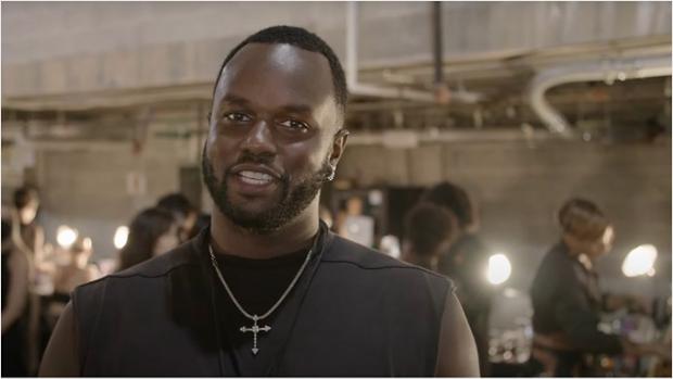 Jawara speaking to Dyson backstage at last season's Fashion Week, revealing how he creates hair looks for Helmut Lang