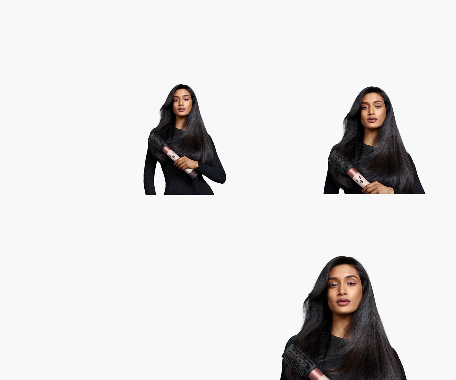 Modelo a usar o Dyson Airwrap i.d. para fazer o styling do cabelo.