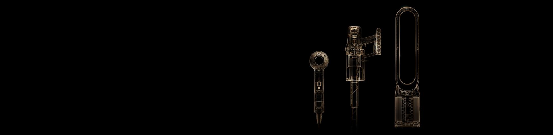 Hair dryer, vacuum cleaner, air purifier on black background