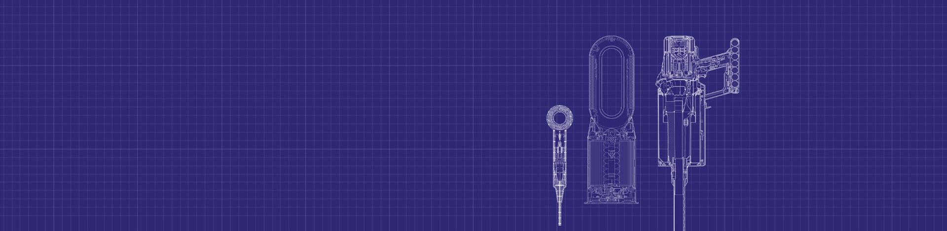 Technical drawings of Dyson Supersonic hair dryer, Dyson purifier and Dyson stick vacuum