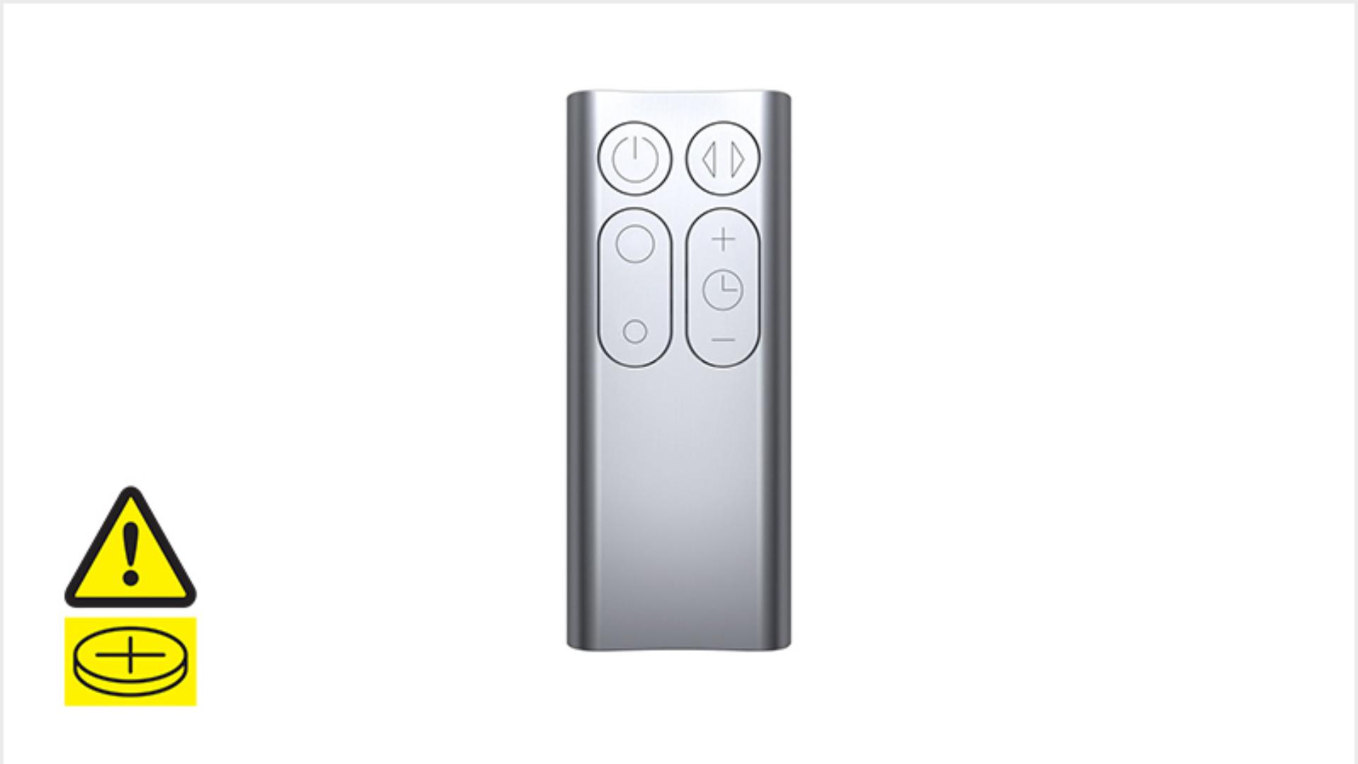 The remote control stored on the top of a Dyson purifier.