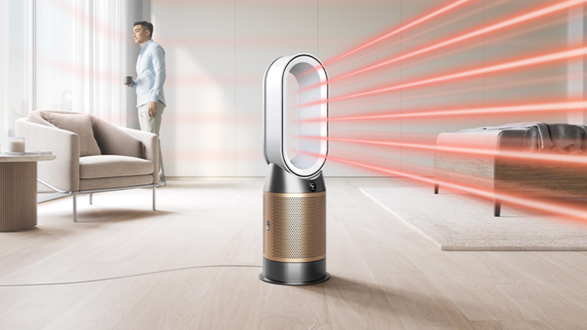Dyson heating and cooling purifier fan in a bedroom