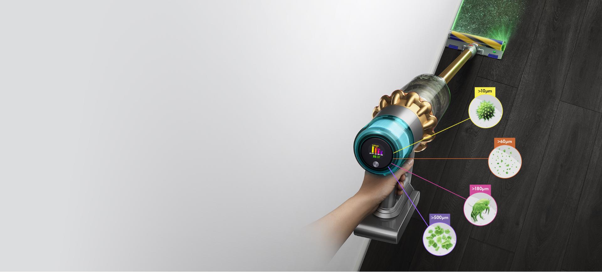 Dyson V15 Detect vacuum with Laser Slim Fluffy cleaner head, showing sizes of dust detected