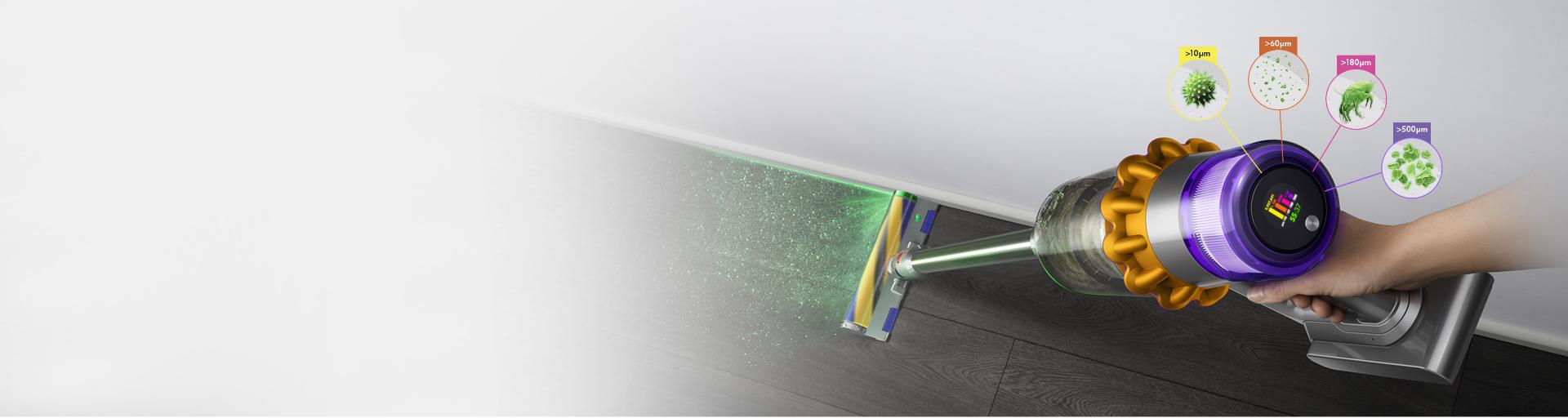 Odkurzacz bezprzewodowy Dyson V15 Detect z podświetlaną elektroszczotką Slim Fluffy, wyświetlający ilość i rozmiary zebranego kurzu