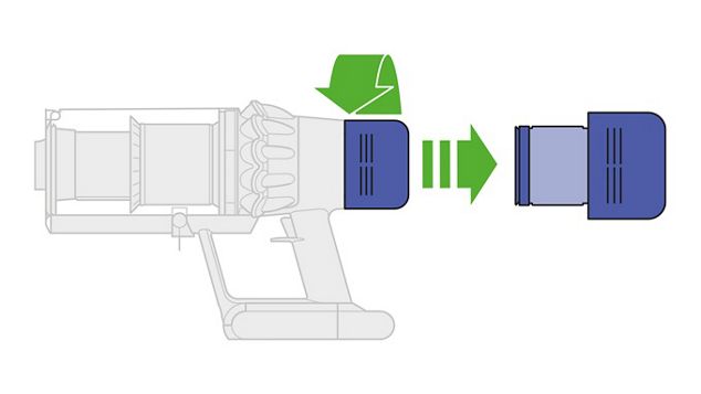 Diagram demonstrating filter being turned anti-clockwise and removed from the main body of the Dyson Cyclone V10 vacuum