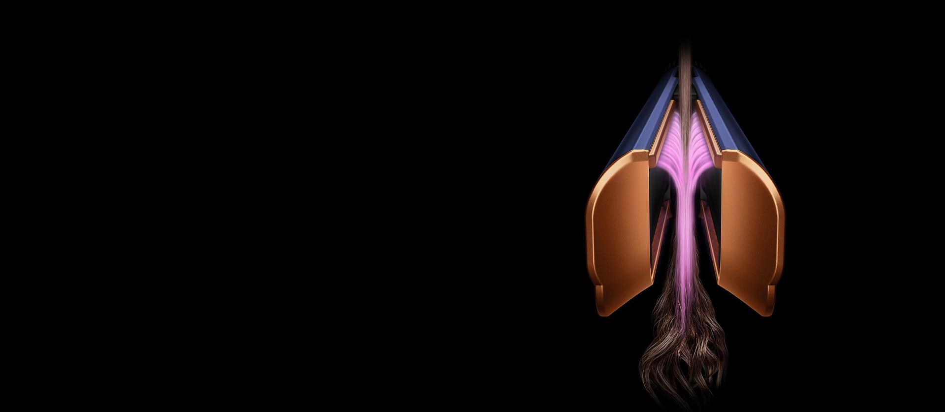 An end-on view of the Dyson Airstrait straightener, with downward airflow visualised in bright pink.