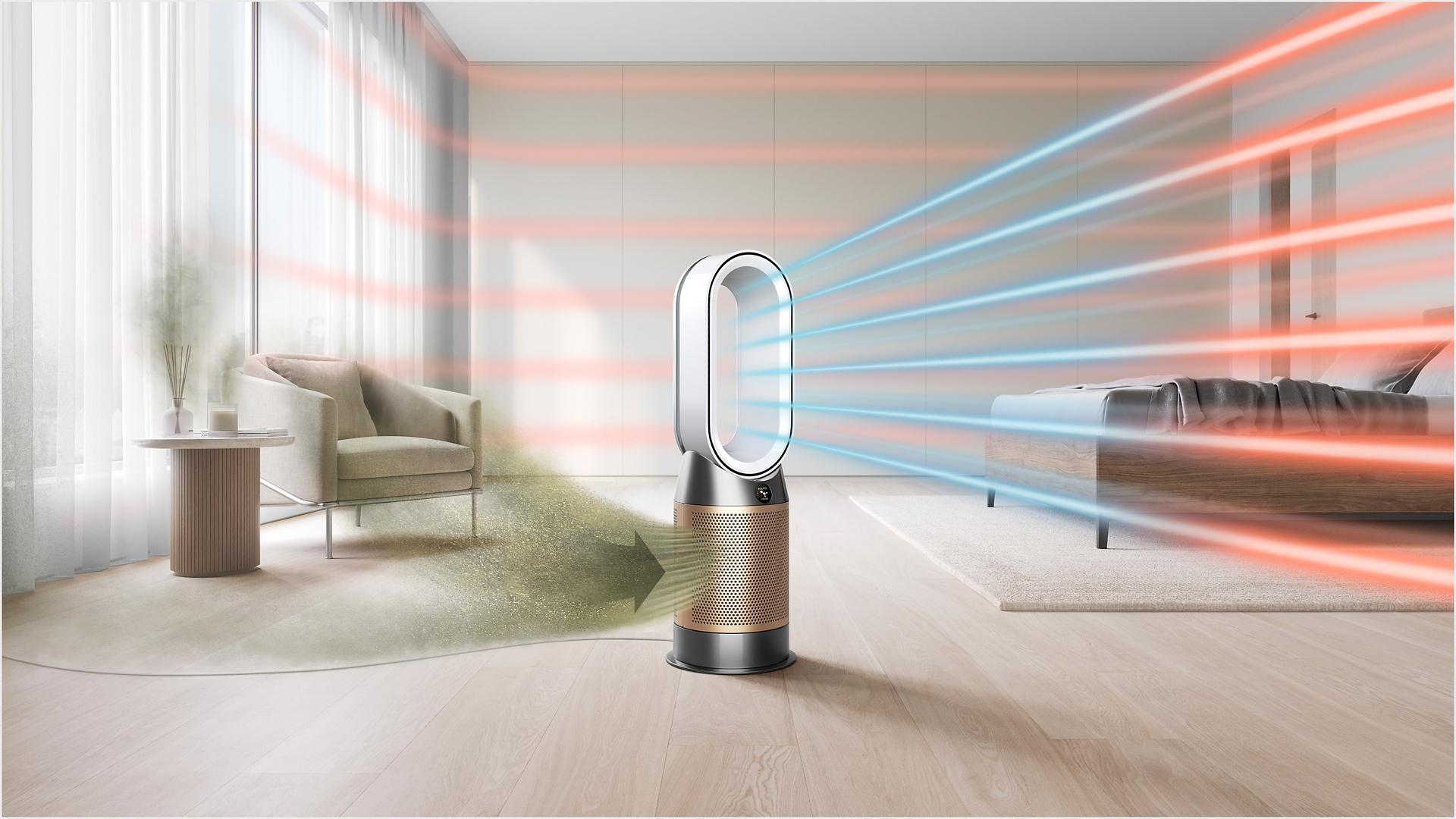 A Dyson purifier with the airflow highlighted in blue