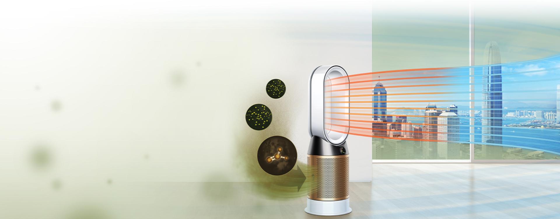 A man paints a room, while formaldehyde gas pollutes the air around him. The Dyson Pure Cryptomic purifier draws in the pollution and projects purified air.